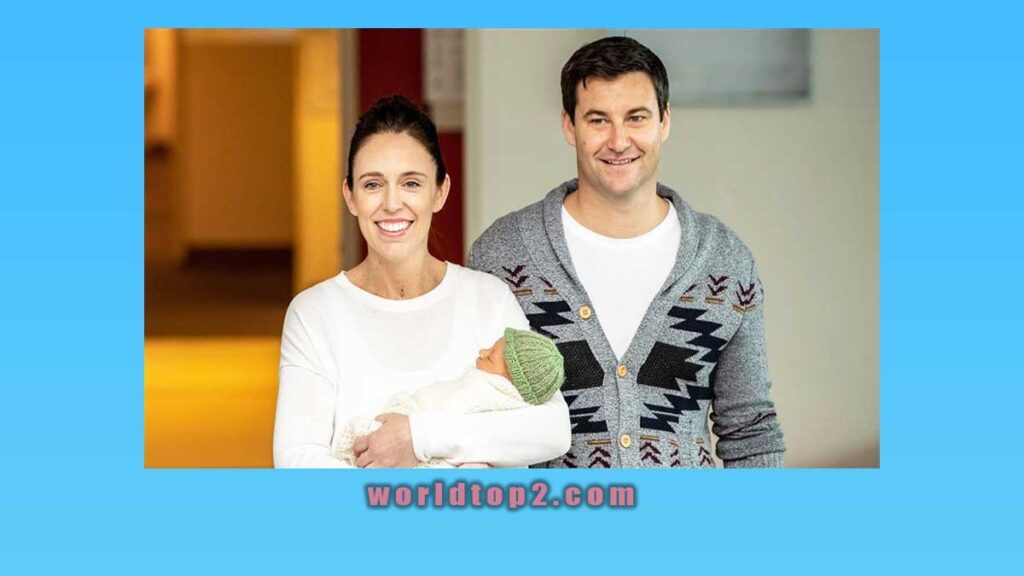 Jacinda Ardern with her husband Clarke Gayford and daughter